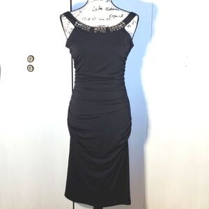 London Times- Black Ruched Bodycon Style Mini Dress Elegant Neck Detail Sz.6